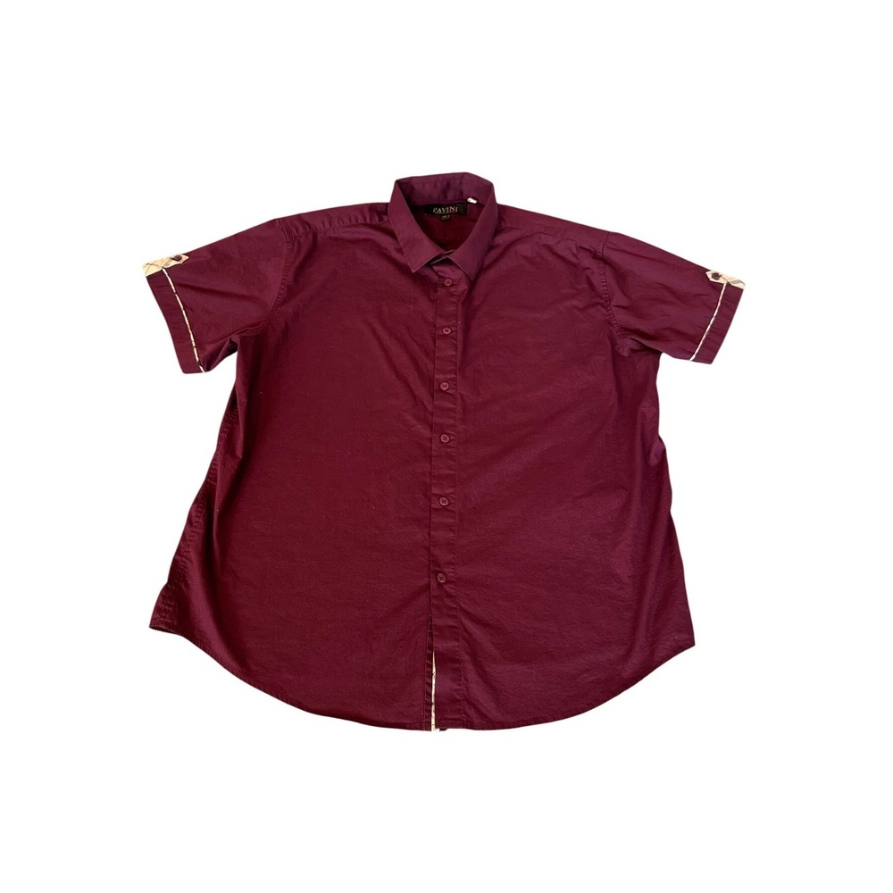 Pavini Mens Short Sleeve Button Down Shirt Burgundy Plaid Trim Size XL